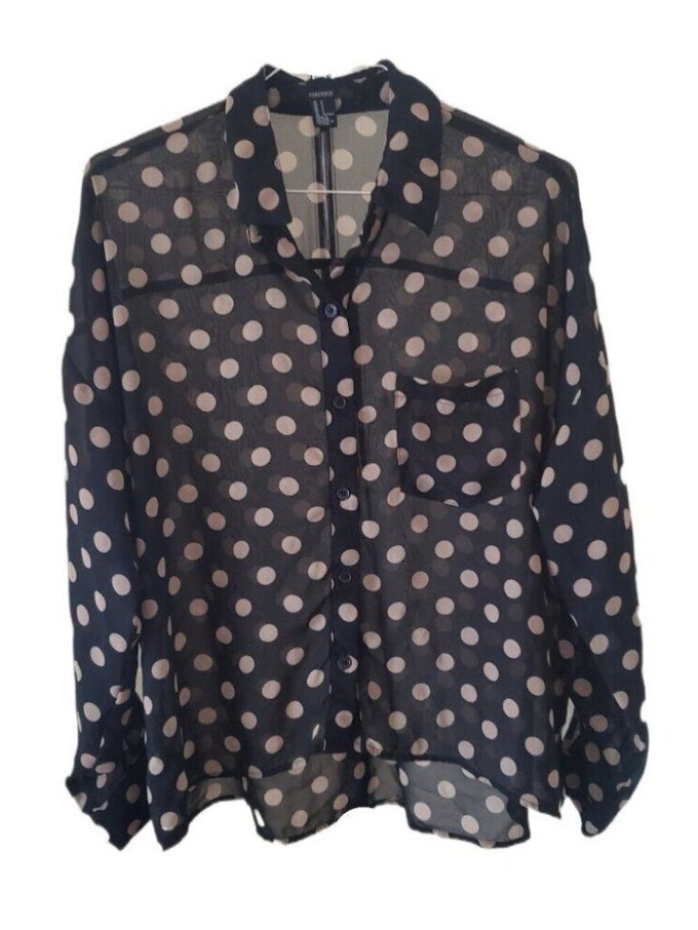 Forever 21 Black with Tan Polka Dots Long Sleeve Sheer Blouse
